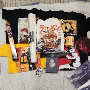 Anime Merch Lot Featuring Naruto Graphic Tees & Accessories
